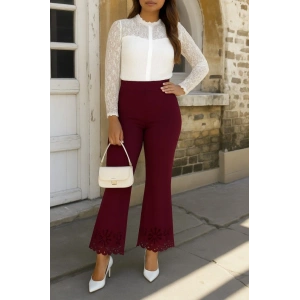 Kadın Yüksek Bel Paçaya Doğru Genişleyen Lazer çiçek Kesim Detaylı Ithal Krep Pantolon