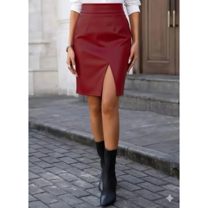 Kadın Yüksek Bel Yırtmaçlı Mini Deri Etek