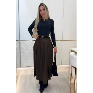 Kadın Yüksek Belli Maxi Deri Kemersiz Etek