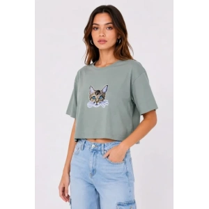 Kedi Baskılı Oversize Crop Tişört alaş Basic Yarım Kol Tshirt  int Yeşili