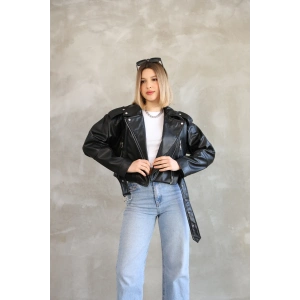 Kemerli Crop Deri Oversize Kadın Yeni Sezon Ceket