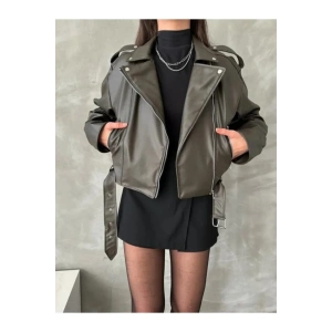 Kemerli Kadın Deri Ceket Yeni Sezon Oversize