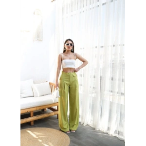 Keten Düğme Detayli Dökümlü Palazzo Pantolon