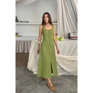 KETEN KOLSUZ KARE YAKA DÜĞE DETAYLI ELBİSE  Yağ Yeşili