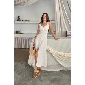 KETEN KOLUZ KARE YAKA DÜĞME DETAYLI ELBİE  Beyaz