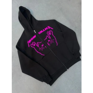 Kışlık Baskılı Fermuarlı Kapüşonlu Hırka  iyah