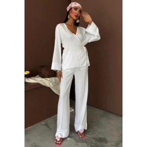 Kruvaze odel Klasik Pantolonlu Çupra Keten Takım 10191