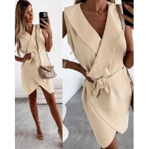 Kruvaze Yaka Kuşaklı Krep Kumaş Elbise