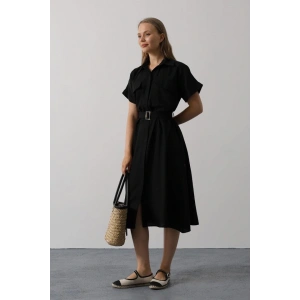Kuşaklı Cep Detaylı Yarım Kol Elbise  Siyah