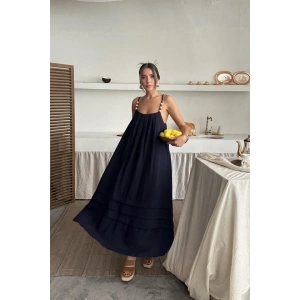 Lacivert Askılı üslin Elbise