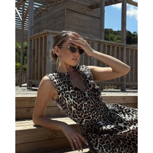 Leopar Desenli Fermuarlı Cepli Pileli idi Elbise Leopar