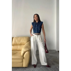 Mavi Yaka Detaylı Denim Crop