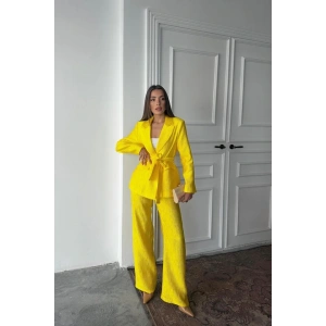 Neon Beli Kuşaklı Ceket Ve Pantolon Parlak Takım