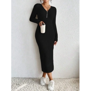 OKadın Uzun Kollu Fermuar Detay Fitilli Kaşkorse Kumaş Maxi Boy Elbise