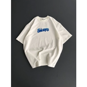 Ön Ve Arka Baskılı Oversize Bisiklet Yaka Tshirt Beyaz