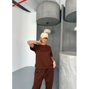 Osy odal Yumuşak Dokulu Kumaş Kısa Kollu Bluz Rahat Pantalon Ikili Takım Kahverengi