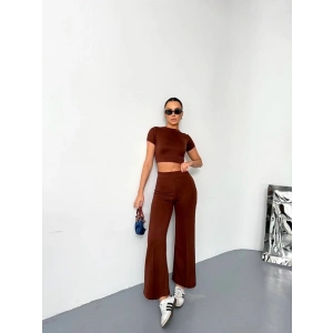 Osy odal Yumuşak Dokulu Kumaş Kısa Kollu Crop Alt Ispanyol Paça Pantalon Ikili Takım  Kahverengi