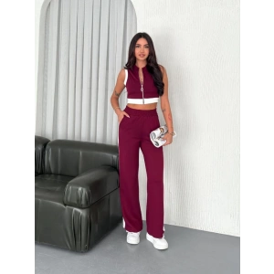 Osy odal Yumuşak Dokulu Kumaş Tam Fermuarlı Crop Pantalon İkili Takım  Bordo
