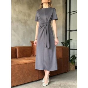Osy odal Yumuşak Dokulu Kumaş Yandan Bağlamalı Elbise  Gri