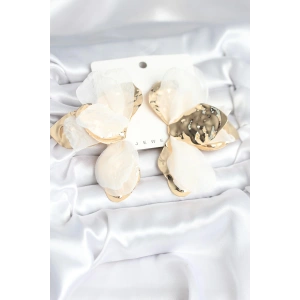 Pirinç Gold Renk Beyaz Tüllü Lotus Kadın Küpe