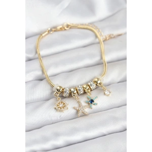 Pirinç Gold Renk Deniz Tema Charmlı Kadın Bileklik