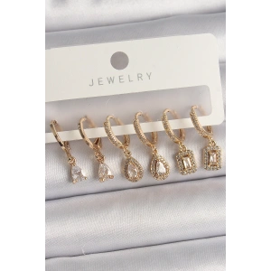 Pirinç Gold Renk Sallantı Zirkon Taşı Damla Model Kadın Küpe Seti