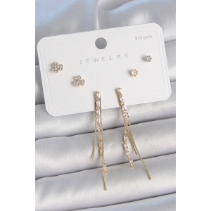 Pirinç Gold Renk Su Yolu Zirkon Taşlı Sallantı Model Çiçek Detay 925 Ayar Gümüş Çivi Kadın Küpe Seti