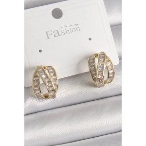 Pirinç Gold Renk Zirkon Taşlı Düğüm Halka Model Kadın Küpe