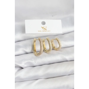 Pirinç Gold Renk Zirkon Taşlı Halka Model YSX Trio Küpe Seti