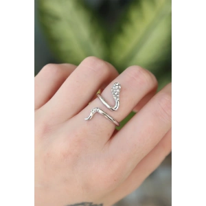 Pirinç Gümüş Renk Ayarlanabilir Zirkon Taşlı Yılan Yüzük