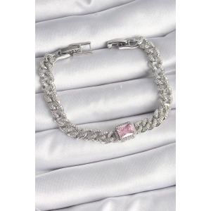 Pirinç Gümüş Renk Pembe Kare Zirkon Taşlı VIP Seri Kadın Bileklik