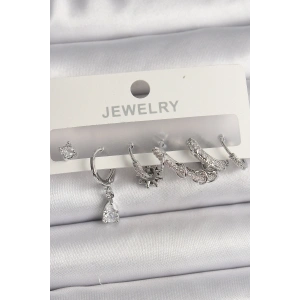 Pirinç Gümüş Renk Sallantı Zirkon Taşlı Halka Model Damla Taş Detay Kadın Küpe Seti