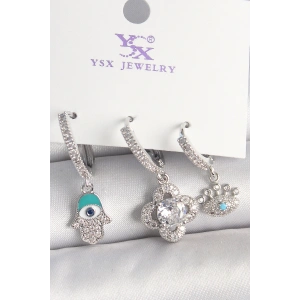 Pirinç Gümüş Renk Zirkon Taşlı Fatma Ana Yonca Figür Göz Detay 3Lü Kadın Kombin Küpe