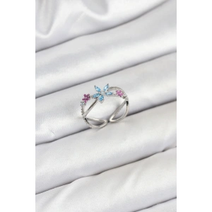 Pirinç Gümüş Renk Zirkon Taşlı Mavi Çiçekli Kadın Yüzük