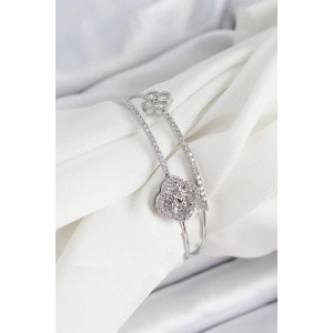 Pirinç Gümüş Renk Zirkon Taşlı Yonca Model 2li Kadın Bileklik