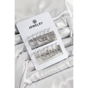 Pirinç Karışık Halka Model Gümüş Renk 6 Çift Kadın Küpe Set