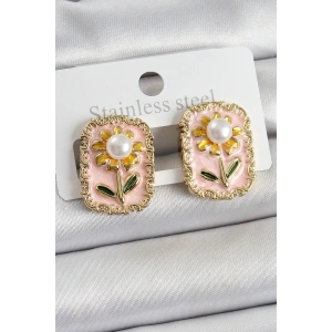 Pirinç Pembe Mineli Papatya Figürlü Sanatsal Portre Model Gold Renk Kadın Küpe