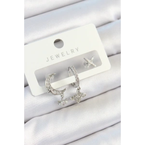 Pirinç Zirkon Taşlı Çiçek Ve Ay Model Gümüş Renk 3lü Çift Kadın Küpe Set