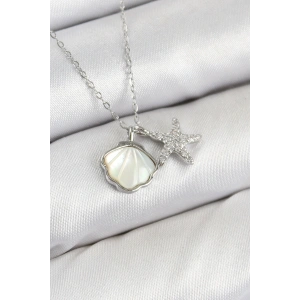 Pirinç Zirkon Taşlı İstiridye Ve Deniz Yıldızı Model Gümüş Renk Kadın Kolye