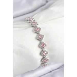 Pirinç Zirkon Taşlı Pembe Yonca Baget Model Gümüş Renk VIP Seri Kadın Bileklik