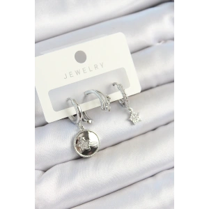 Pirinç Zirkon Taşlı Sallantılı Yıldız Model Gümüş Renk 3lü Çift Kadın Küpe Set