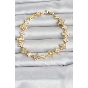 Pirinç Zirkon Taşlı ve Mineli Yonca Model Gold Renk Kadın Bileklik