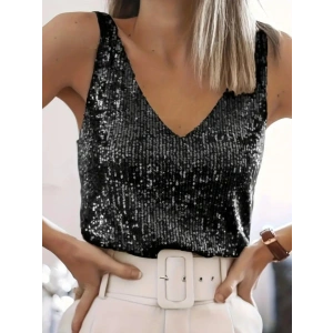 Pul Payetli Sıfır Kol Bluz Siyah