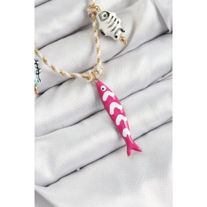 Seramik Motifli Pembe Balık Figürlü Model Krem İp Kadın Kolye