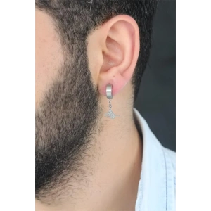 Silver Renk Kaplama Osmanlı Tuğra Figürlü Kıstırmalı Çelik Erkek Küpe