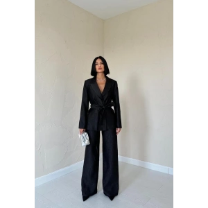 Siyah Beli Kuşaklı Ceket Ve Pantolon Parlak Takım