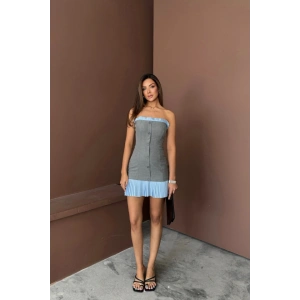 STRAPLEZ POLVİSKON ELBİSE AVİ FIRFIR DETAYLI  Gri