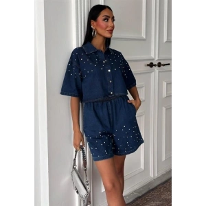 Taş Detaylı Gömlek Şort Denim Takım 10175