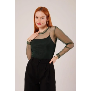 Transparan Yeşil Tül Basic Bluz