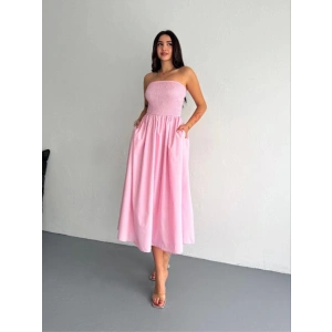 traplez Pileli Elbise  Pembe